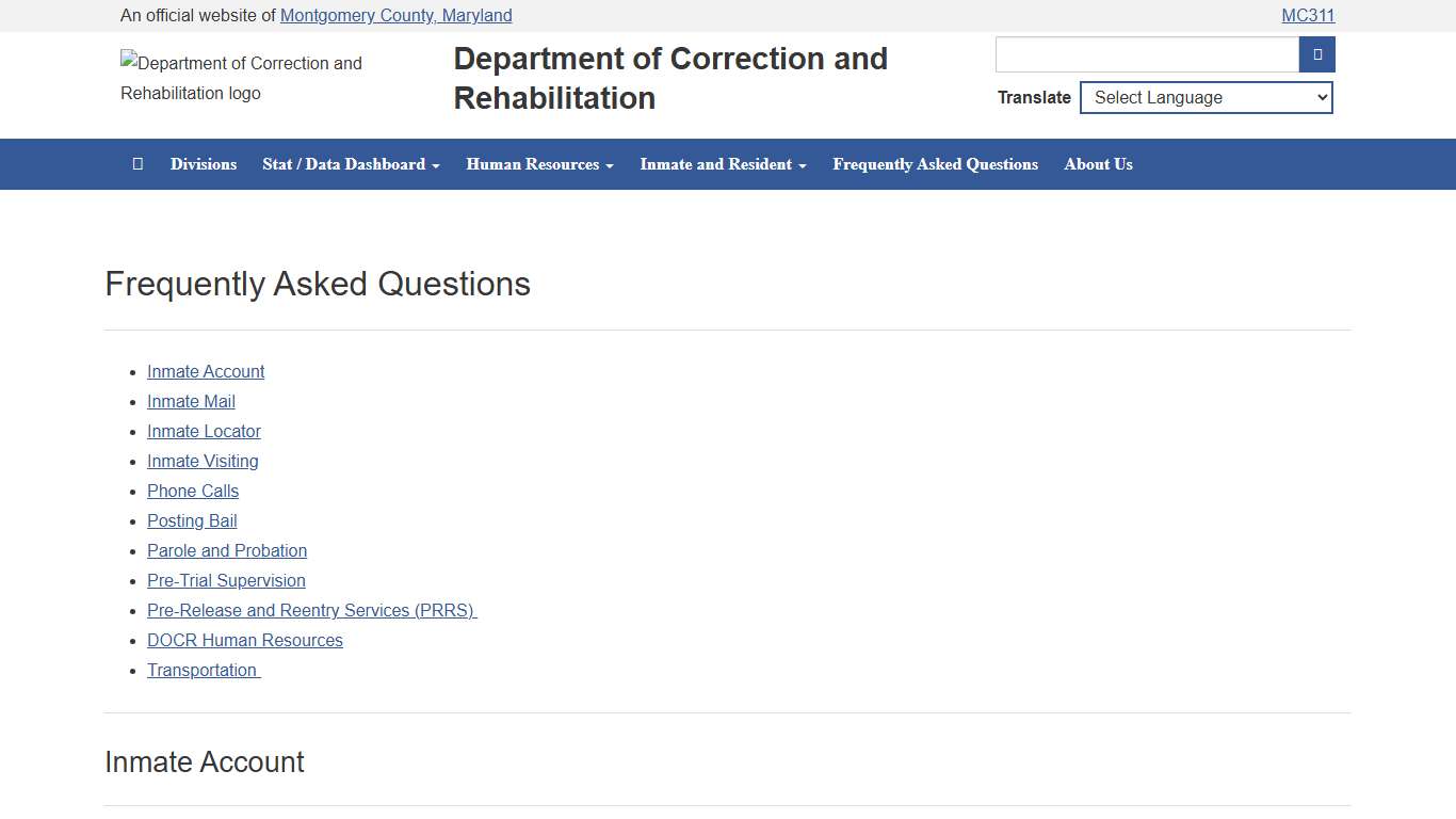 Montgomery County, Department Of Correction and Rehabilitation - Frequently Asked Questions
