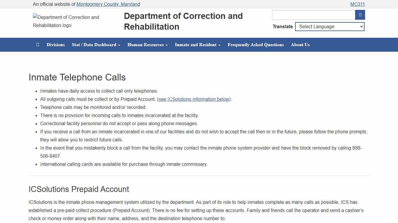 MONTGOMERY COUNTY, MD - DEPARTMENT OF CORRECTION AND REHABILITATION - INMATE PHONE CALLS