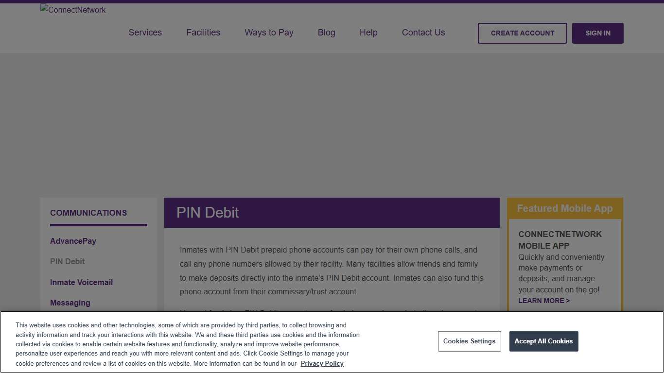 ConnectNetwork PIN Debit Inmate prepaid phone account