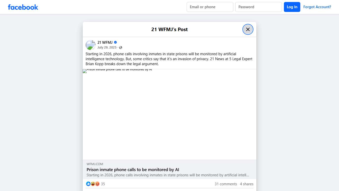 21 WFMJ - Starting in 2026, phone calls involving inmates... Facebook