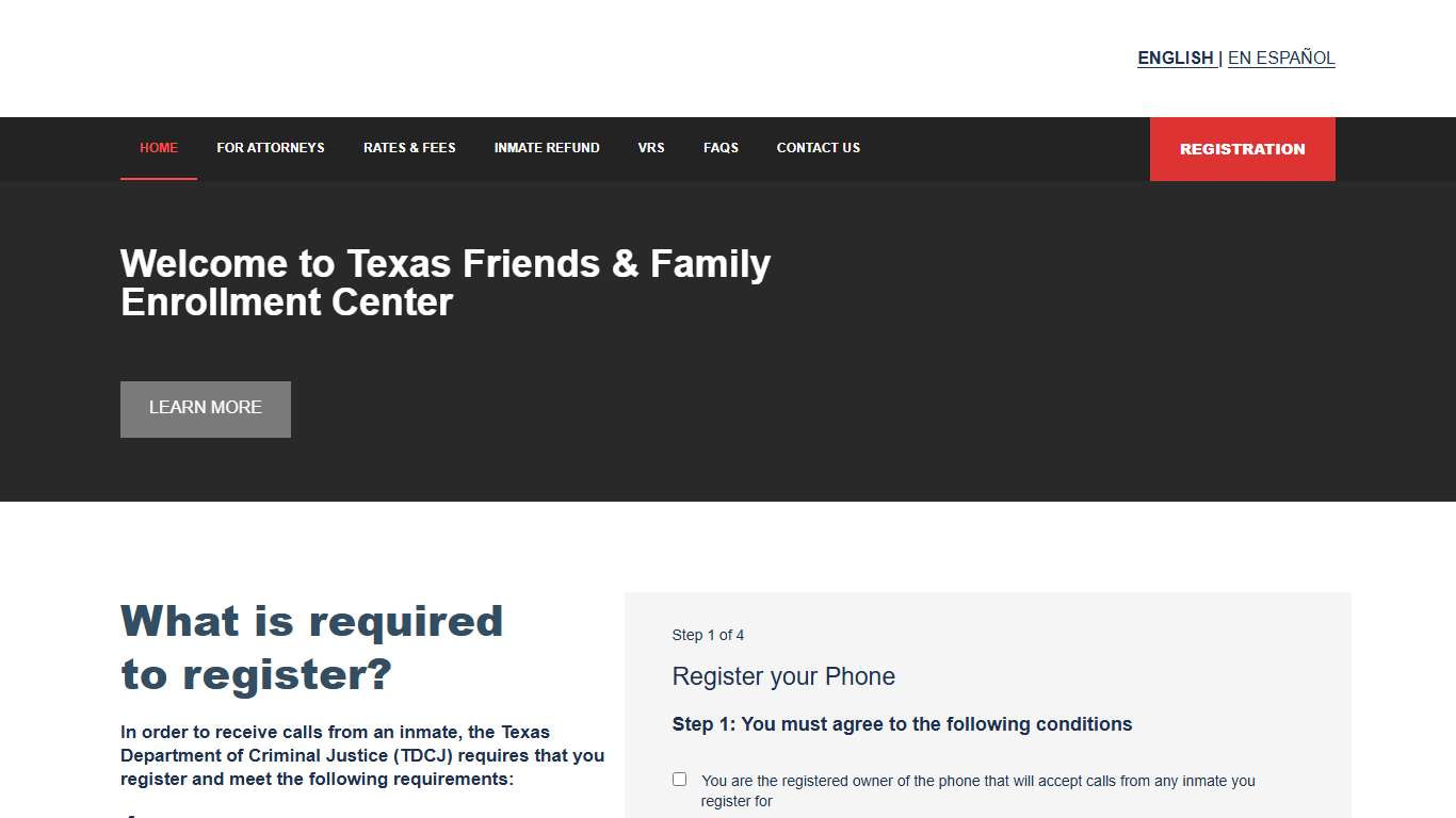 Texas offender telephone friends and family - Registration Step 1