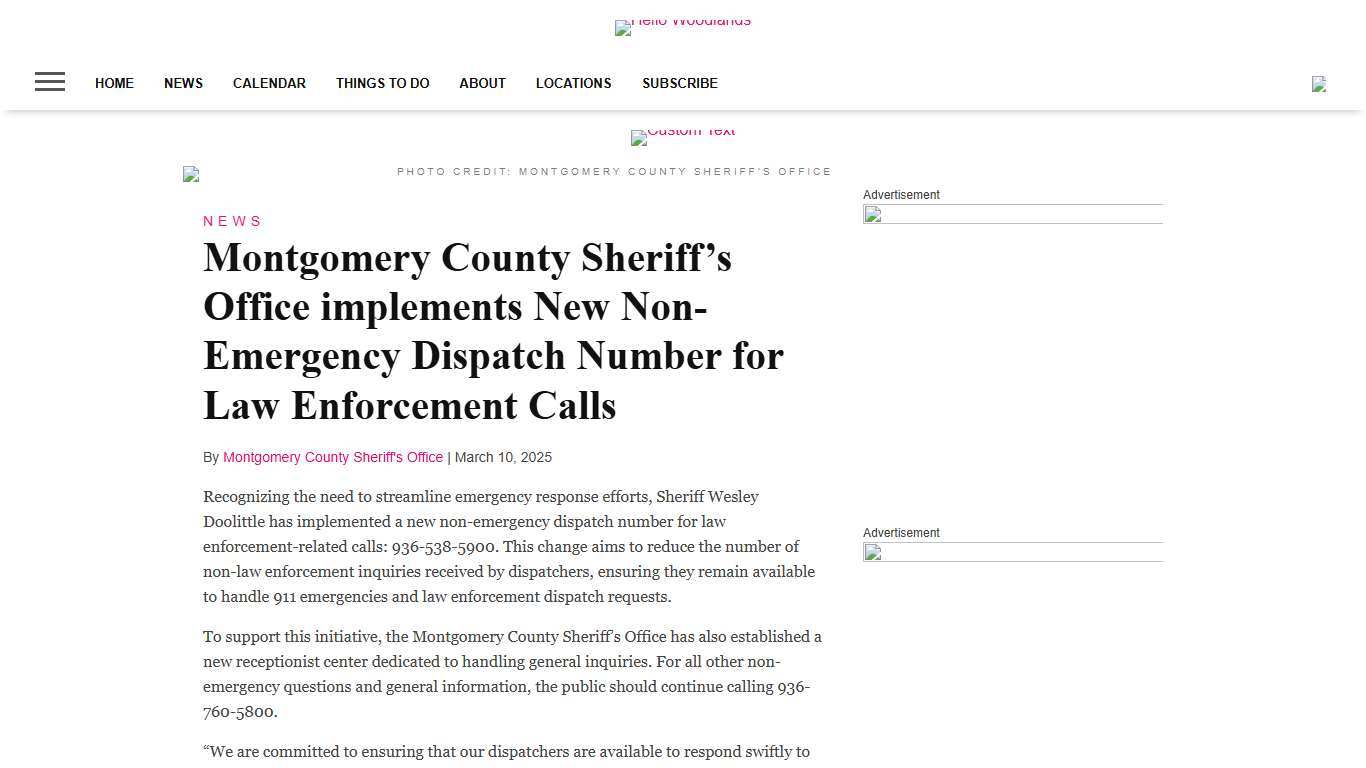 Montgomery County Sheriff’s Office implements New Non-Emergency Dispatch Number for Law Enforcement Calls - Hello Woodlands